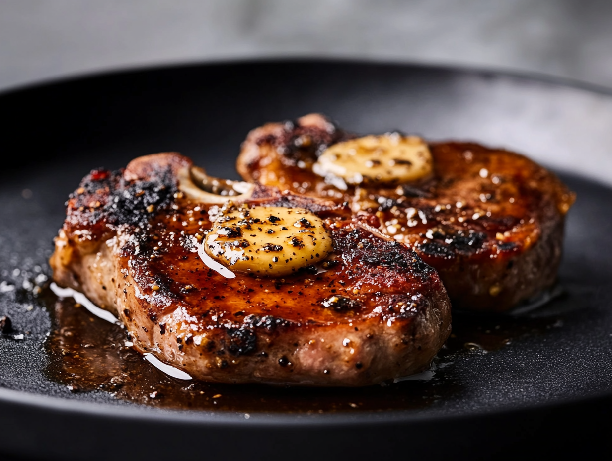 Côte de porc caramélisée au beurre ail noir et balsamique