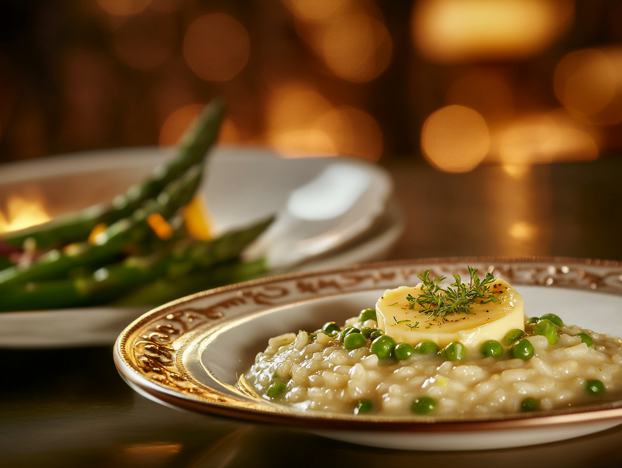Risotto aux asperges, petits pois et beurre citron confit