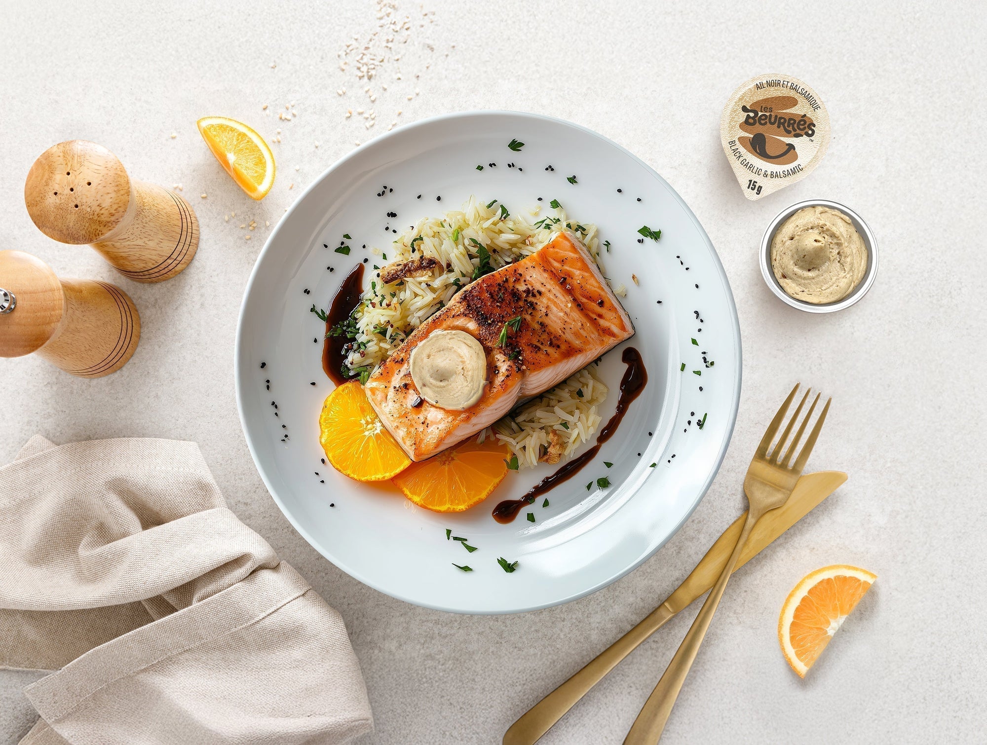 Saumon au fenouil & orange, beurre ail noir et balsamique